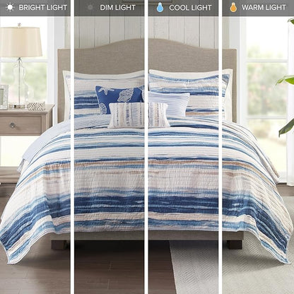 Madison Park Marina Comforter Quilt Combo Set - Modern Luxury Design, All Season Down Alternative Bedding, Matching Shams, Decorative Pillows, Full/Queen(90"x90"), Seersucker Blue 8 Piece