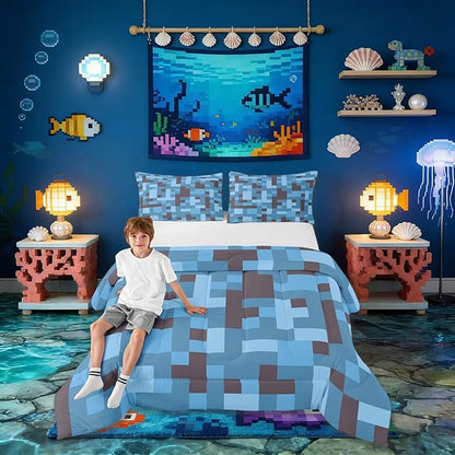 Pixel Grid Miners Kids Bedding Set Queen Size,Reversible Gamepad Video Games Comforter Set，Army Camo Geometric Quilt Comforter,Black Light Blue Bedroom Duvet Insert,2 Pillowcases