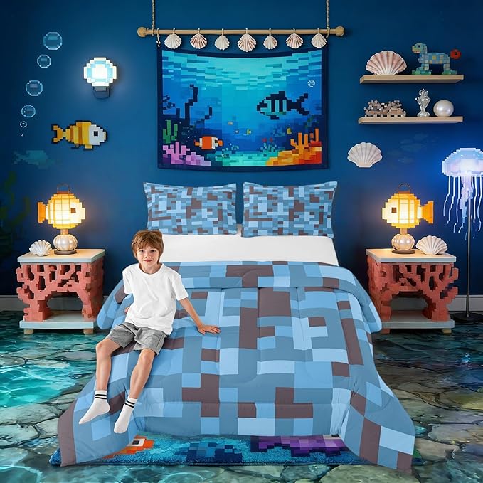 Pixel Grid Miners Comforter Set King Size,Reversible Gamepad Video Games Kids Bedding Set,Army Camo Geometric Quilt Comforter,Black Light Blue Duvet Insert,2 Pillowcases