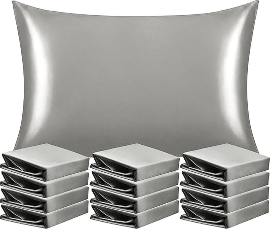 NTBAY 12 Pack Satin Standard Pillowcases for Hair and Skin, Luxurious and Silky Pillow Cases with Envelope Closure, 20x26 Inches, Grey