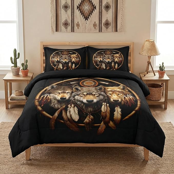 Full Size Comforter Set with 2 Pillowcases, Black Tribal Three Wolf 3 Pcs Bedding for Kids and Adults, American Boho Feather Dreamcatcher Soft Comforter Set for Bedroom Bed Decor
