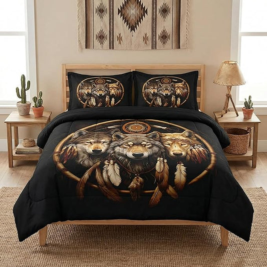 Full Size Comforter Set with 2 Pillowcases, Black Tribal Three Wolf 3 Pcs Bedding for Kids and Adults, American Boho Feather Dreamcatcher Soft Comforter Set for Bedroom Bed Decor