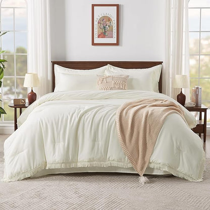 Andency California King Size Comforter Set with Sheets Ivory - 7 Pieces Cal King Bed in a Bag Boho Bedding Sets, Ivory Bed Set with Comforter, Sheets, Pillowcases & Shams