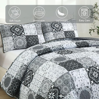 Dobuyly Grey Black Quilt Set King Size, Boho Plaid Patchwork Bedspreads Coverlet Set, 3 Pieces Soft Lightweight Microfiber Farmhouse Quilt Bedding Set for All Seasons 110"x90"