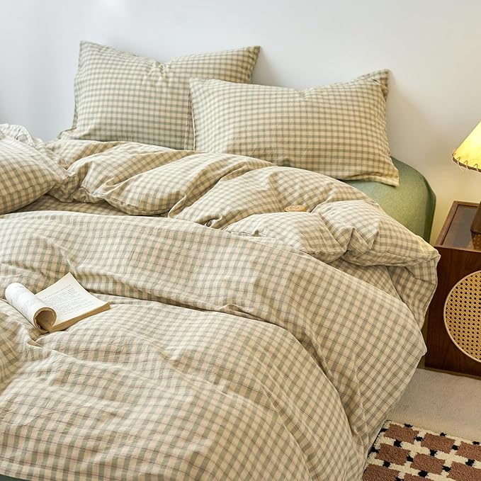 EAVD Vintage Style Green Plaid Duvet Cover Full Soft 100% Washed Cotton Chic Checkered Gingham Bedding Set with 2 Pillowcases Farmhouse Green Gingham Duvet Cover with Zipper Closure