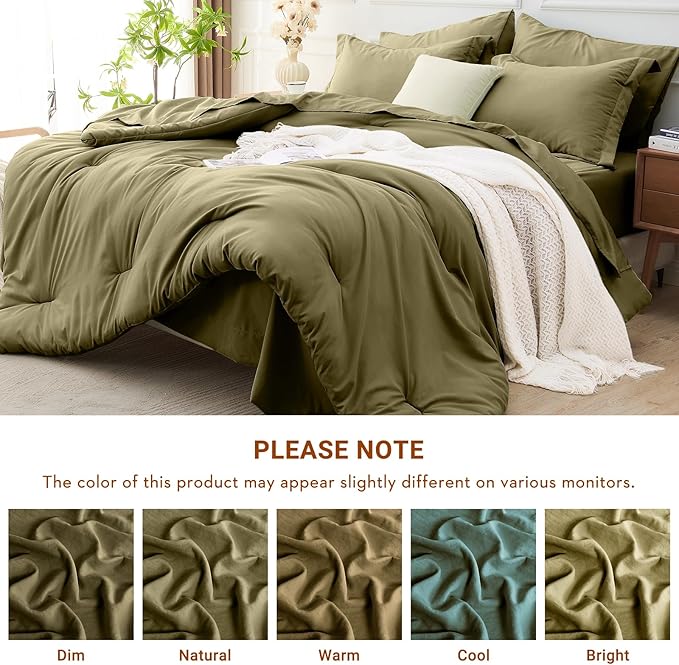 MUXHOMO 5 Pieces Twin XL Comforter Set, Soft Bed in a Bag Twin XL Size, All Season Bedding Set with Comforter, Flat Sheet, Fitted Sheet, Pillowcases & Shams, Olive Green
