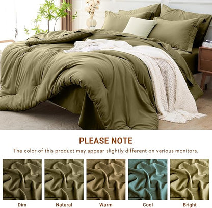 MUXHOMO 5 Pieces Twin Comforter Set, Soft Bed in a Bag Twin Size, All Season Bedding Set with Comforter, Flat Sheet, Fitted Sheet, Pillowcases & Shams, Olive Green