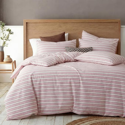 Bedbay Cotton Striped Duvet Cover Set Queen Size, Soft Blush Pink Stripe Bedding Set, 100% Cotton Sateen, Minimal Casual Hotel Style Duvet Cover 3 Piece for All Seasons