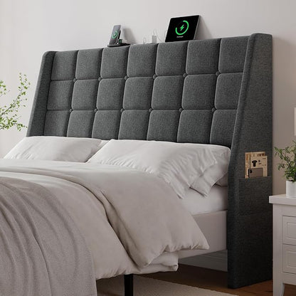 Ergonomic Upholstered Headboard Queen Size w/Charging Station, Linen Wingback Headboards w/Storage Pocket, Queen Headboard Only, Bed Frame Adapters, Sturdy Stable Solid Wood Bed Head Board, Dark Grey