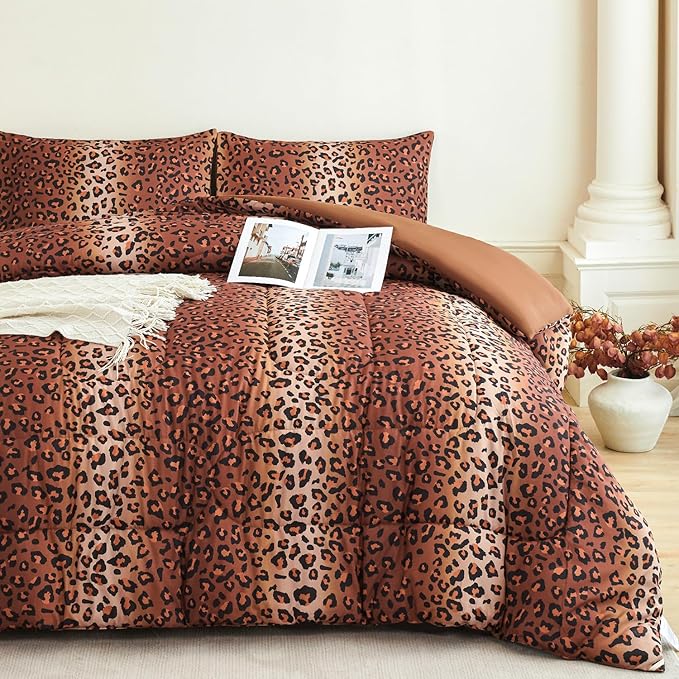 PERFEMET Leopard Print Comforter Set Full, 3 Pieces Animal Cheetah Print Bedding Set with 2 Pillowcases, Soft Fluffy Farmhouse Leopard Pattern Bed Set for All Season (Brown, Full)