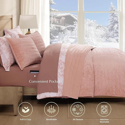 WRENSONGE Velvet King Size Quilt Set-3 Pieces Clay Pink Luxurious Velvet Striped Channel Comforter with 2 Shams, Soft Bedspread Coverlet Quilted Bedding Set for All Season