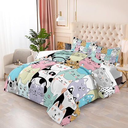 Twin Cat Comforter Set for Girls - Kawaii Cute Bedding Set with Cat Room Decor