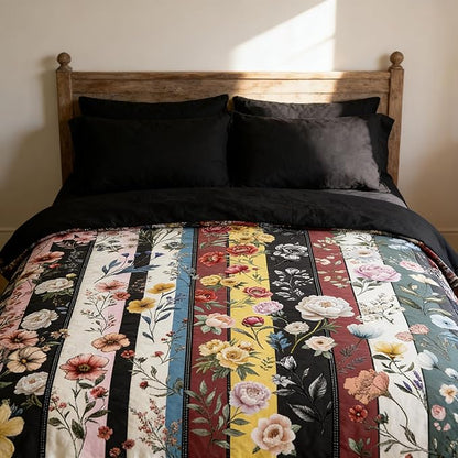 Black Vintage Floral Comforter Set Queen Size, Farmhouse Botanical Flowers Bedding Set for Adult Women Bedroom Decor, 3Pcs Lightweight Microfiber Comforter with 2 Pillowcases, 90"x90"