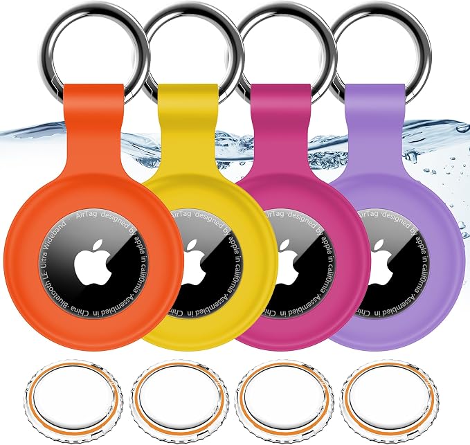 1|2|4Pack for Apple AirTag Holder with Keychain for Air Tag 2nd/1st Gen | Waterproof Air Tag Cover GPS Tracker Anti-Scratch Silicone Air-Tag Case for Pets,Luggage-Yellow+Purple+Orange+Rose Red