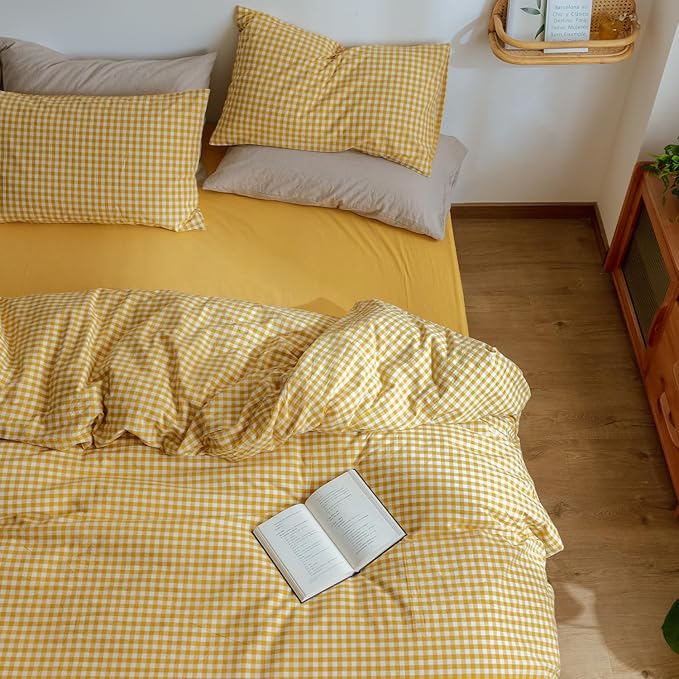mixinni Yellow Gingham Comforter Set King, Plaid Comforter Set 3 Pieces 1 Yellow Grid Comfoter with 2 Pillow Cases for All Seasons, Soft Fluffy Modern Grid Pattern Printed Bedding-King Size