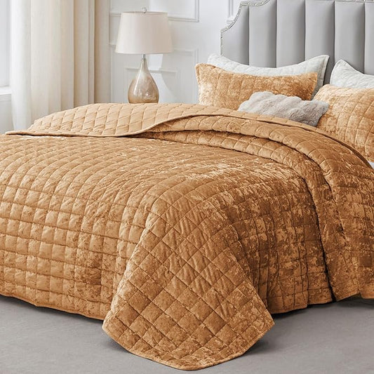 BEDELITE Velvet Quilt Set Queen Size - Luxury Velvet Comforter Bedding Set 3 Pieces, Lightweight Soft Cozy Shiny Rusty Burnt Orange Oversized Bedspread Coverlet for All Seasons with 2 Pillow Shams