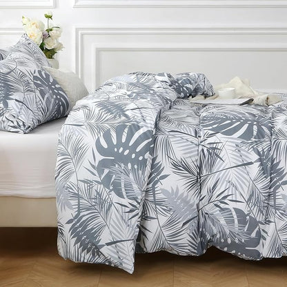 MUXHOMO Duvet Cover King Size, Reversible Floral Black & Grey Duvet Cover Set with Zipper Closure, 3 Pieces Botanical Patterns Soft Microfiber Bedding Set (90"x104", 2 Pillow Cases 20"×36") US