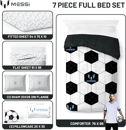 Jay Franco Kids Comforter Set Includes Sheets and Pillow Cover - Soft and Cozy Bed Set for Stylish Room Décor, White - Messi, 7 Piece Full