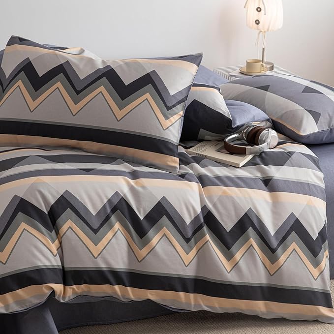 Boho Duvet Cover King Size Grey Cotton King Size Comforter Cover Neutral Soft Chevron Pattern Zipper Duvet Cover Set with Corner Ties Farmhouse Teen Boy Bedding Set Modern Duvet Protector