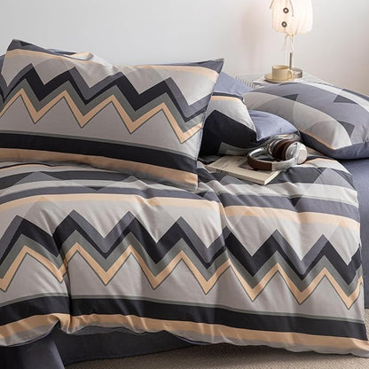 Boho Full Size Duvet Cover Grey Cotton Full Comforter Cover Neutral Soft Chevron Pattern Zipper Duvet Cover Set with Corner Ties Farmhouse Teen Boy Bedding Set Modern Duvet Protector