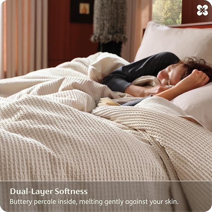 Bedsure Cotton Duvet Cover King Size - 100% Cotton Waffle Weave Beige Duvet Cover, PureWoven Textured Breathable Bedding Comforter Cover for All Season, 1 Duvet Cover Only 104"x90"