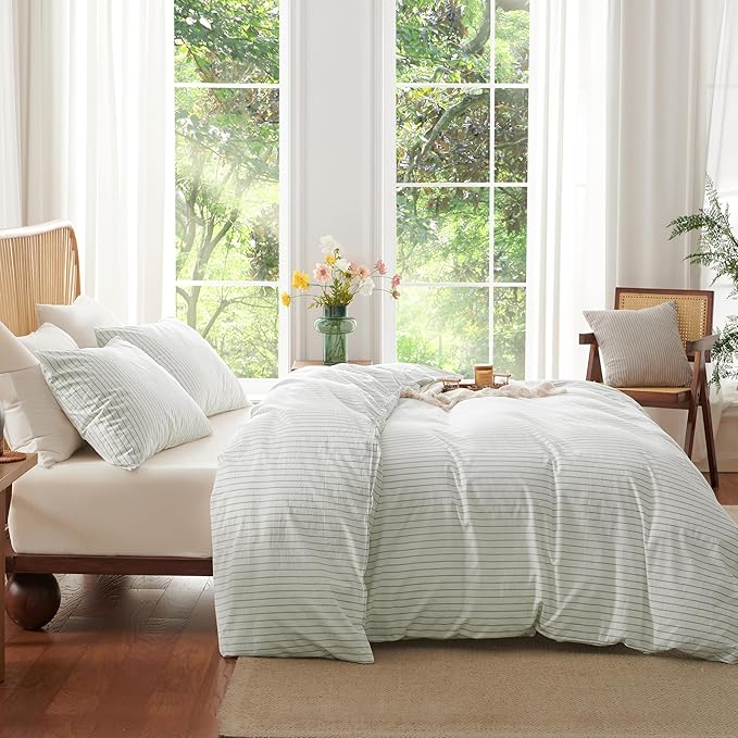 Nayoroom Striped Duvet Cover Queen Size 100% Washed Cotton White Green Stripe Duvet Cover 3 Pieces Soft Breathable Girls Dorm Bedding Set for All Seasons, Yarn Dyed Process