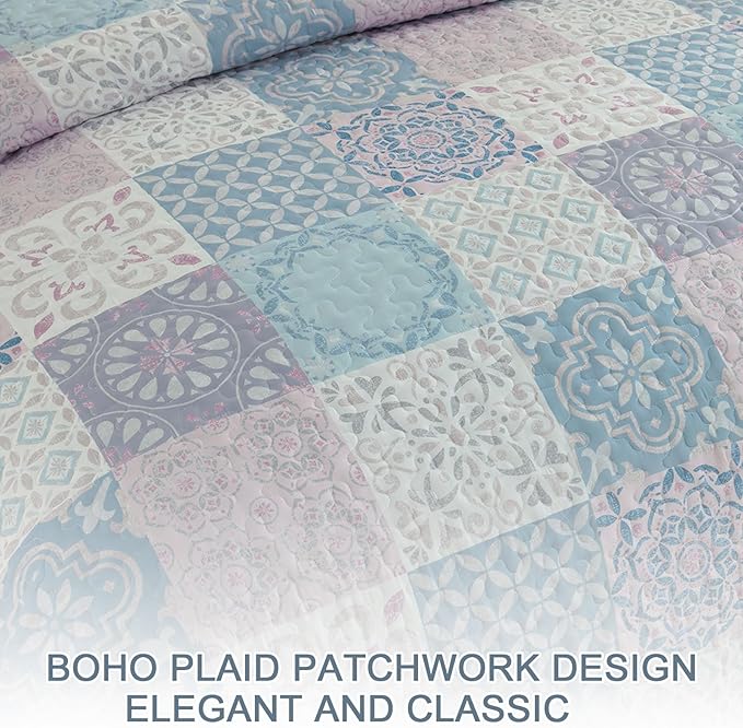 Dobuyly Quilt Set Queen Size, Light Blue/Pink Patchwork Bedspread 3 Pieces, Boho Plaid Summer Coverlet Set, Soft Lightweight Quilt Bedding Set for All Seasons 96"x90"