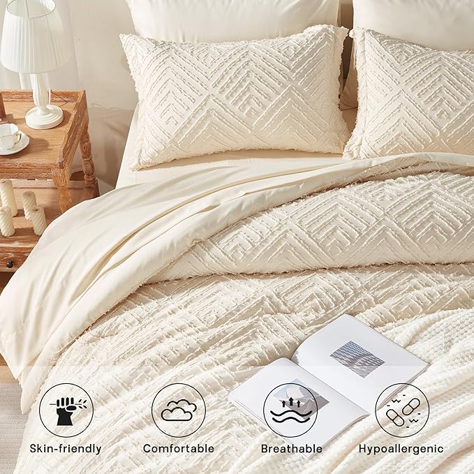 Zzlpp Full Comforter Set 7 Pieces, Cream Tufted Bed in a Bag with Comforter and Sheets, All Season Boho Bedding Sets with 1 Comforter, 2 Pillow Shams, 2 Pillowcases, 1 Flat Sheet, 1 Fitted Sheet