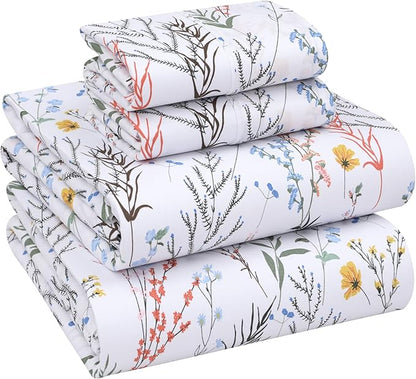 RUVANTI 100% Cotton Sheets – King Size Percale Bedding, Cooling & Breathable Floral Design, Durable with a Crisp, Soft & Comfortable Feel, 16" Deep Pocket, 4-Piece Set, Aroma