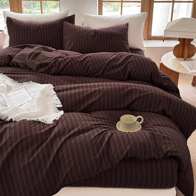 Striped Duvet Cover Set 100% Washed Cotton Linen Like Soft Feelling Breathable Bedding(Pine Bark Brown/Black Strip,Full)