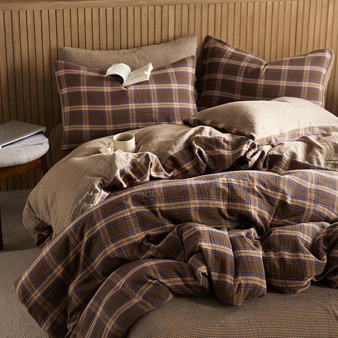 EAVD Vintage Style Blue&Brown Plaid Duvet Cover Twin Soft 100% Muslin Cotton Brown Green Blue Grid Checkered Plaid Bedding Set with 2 Pillowcases Reversible Farmhouse Gingham Duvet Cover with Zipper