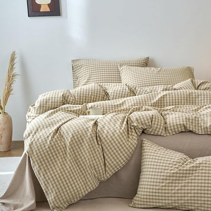 Taupe Plaid Gingham Duvet Cover King 3 Pieces Checkered Grid Duvet Cover 100% Washed Cotton Beige & Mocha Plaid Comforter Cover with Zipper Closure 2 Pillowcases Luxury Soft Breathable Bedding Set