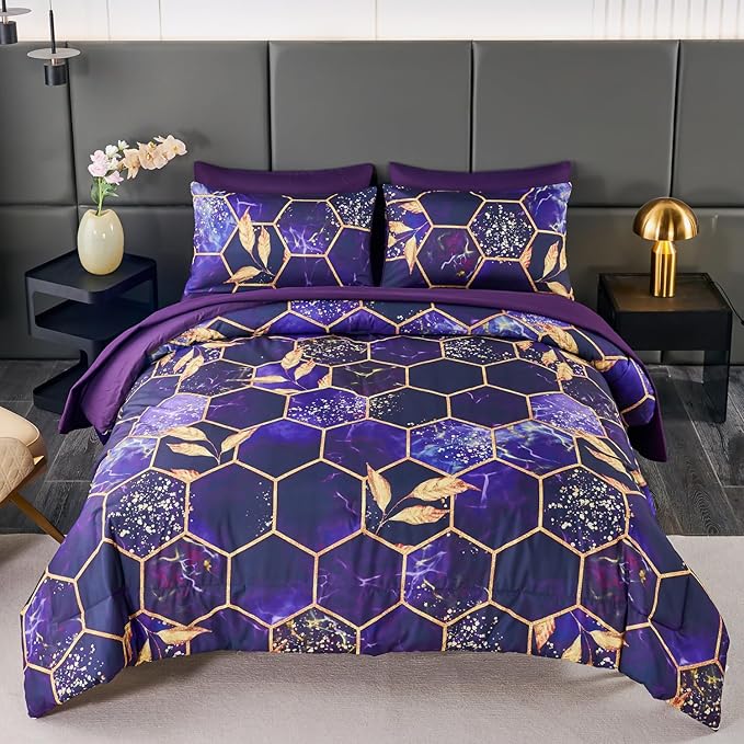 ANGIYUIN Purple Gold Comforter Set California King Size, Marble Gold Leaves Printed Bedding Comforter Set, 7 Pieces Hexagon Honeycomb King Bed in A Bag with Sheets for All Season