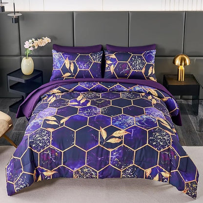 ANGIYUIN Purple Gold Comforter Set California King Size, Marble Gold Leaves Printed Bedding Comforter Set, 7 Pieces Hexagon Honeycomb King Bed in A Bag with Sheets for All Season
