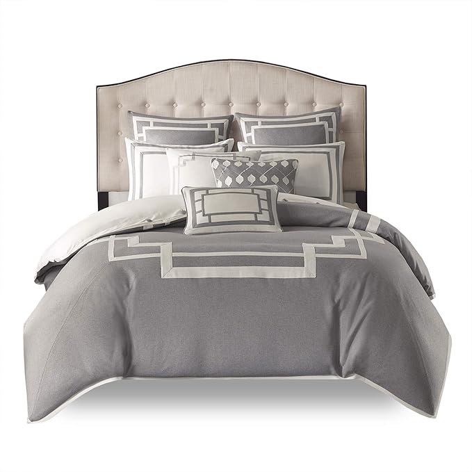 Madison Park Signature Cozy Comforter Set - All Season Bedding Combo Filled Insert and Removable Duvet Cover, Shams, Decorative Pillows, Queen (92 in x 96 in), Elegance Grey 9 Piece