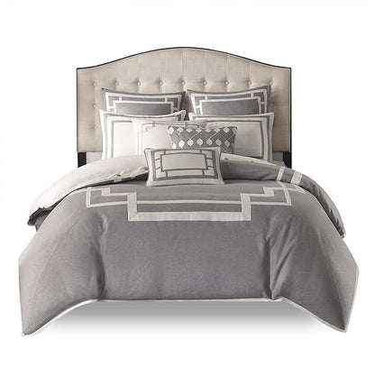 Madison Park Signature Cozy Comforter Set - All Season Bedding Combo Filled Insert and Removable Duvet Cover, Shams, Decorative Pillows, Queen (92 in x 96 in), Elegance Grey 9 Piece