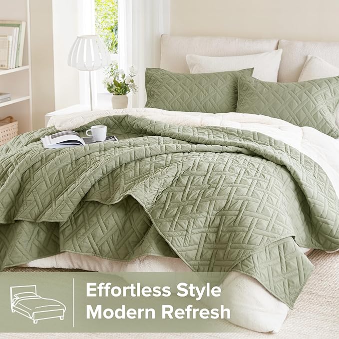 Comfort Spaces King Quilt Set Modern Reversible Diamond Coverlet King Bedding Set Cozy Quilted Winter Layer, All Season Lightweight Soft King Size Quilt, Kienna, Cal King Olive Green 3 Piece