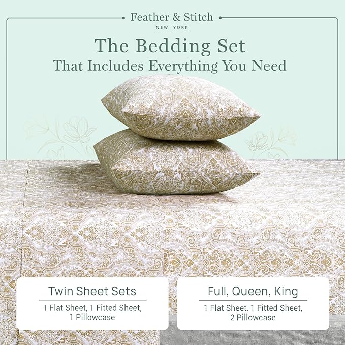 Feather & Stitch Softest 100% Cotton Sheets, 300 Thread Count Percale Weave Bedding, 16" Deep Pocket, Cooling Sheets, Breathable Bed Set, Hotel Premium Quality (Twin, Ivory Paisley)