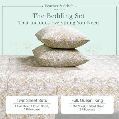 Feather & Stitch Softest 100% Cotton Sheets, 300 Thread Count Percale Weave Bedding, 16" Deep Pocket, Cooling Sheets, Breathable Bed Set, Hotel Premium Quality (Queen, Ivory Paisley)