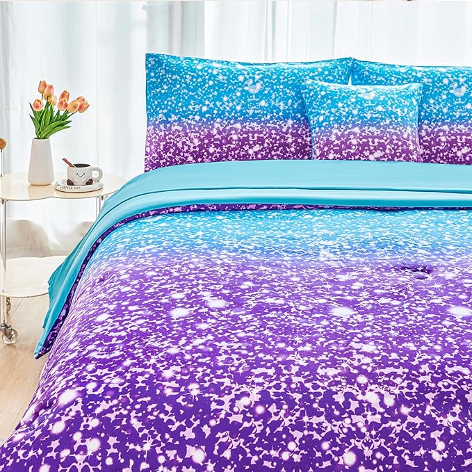 RYNGHIPY Blue Purple Girls Bedding Set 3D Colorful Galaxy Starry Comforter Sets for Girls Kids Twin Lightweight Soft Rainbow Bed in A Bag