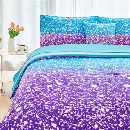 RYNGHIPY Blue Purple Girls Bedding Set 3D Colorful Galaxy Starry Comforter Sets for Girls Kids Full Lightweight Soft Rainbow Bed in A Bag