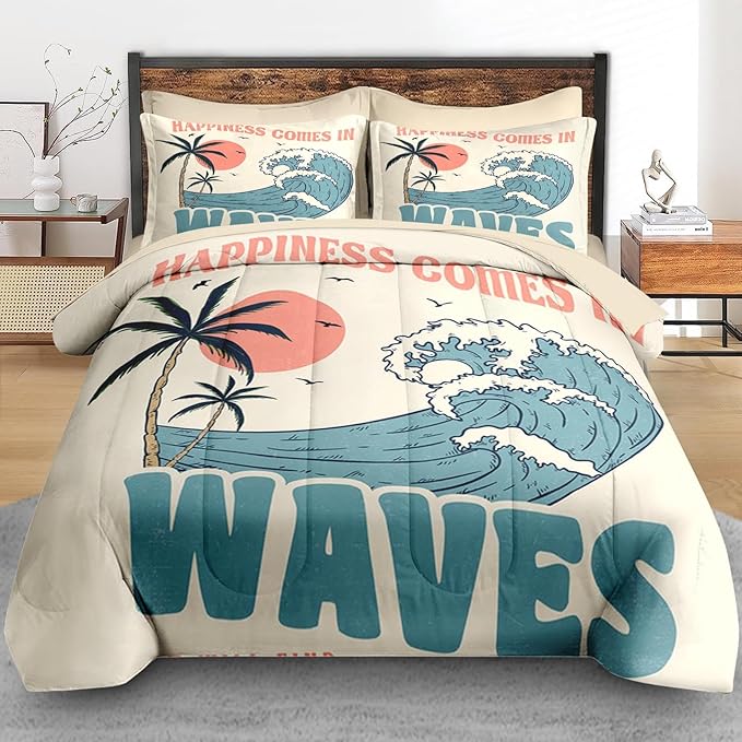 Comforter Set Full Size, Summer Beach Surf 7 Pcs Bedding for Kids and Adults, Vintage Board Palm Bed Sheet Sets with Fitted Sheet 2 Pillowcases & 2 Shams for Bedroom Bed Decor