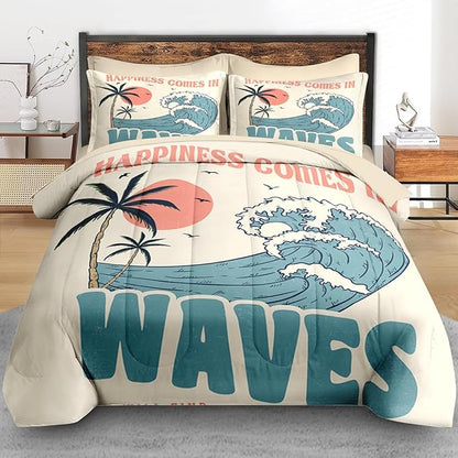 Comforter Set Twin Size, Summer Beach Surf 5 Pcs Bedding for Kids and Adults, Vintage Board Palm Bed Sheet Sets with Fitted Sheet Pillowcase & Sham for Bedroom Bed Decor