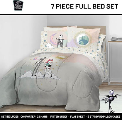 Disney Nightmare Before Christmas Full Size Comforter Set - 7 Piece Jack and Sally Bedding Includes Sheet Set & Pillow Covers - Super Soft Ombre Bedding