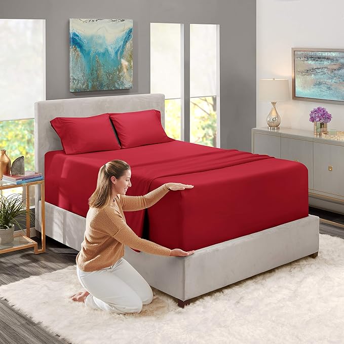 Nestl Full Size Sheet Set, 4 Piece Extra Deep Pocket (18-24 inches), Microfiber, Hotel Luxury, Soft, Breathable, Wrinkle-Free, Easy to Care, Burgundy Red