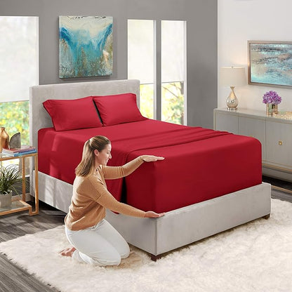 Nestl King Size Sheet Set, 4 Piece Extra Deep Pocket (18-24 inches), Microfiber, Hotel Luxury, Soft, Breathable, Wrinkle-Free, Easy to Care, Burgundy Red