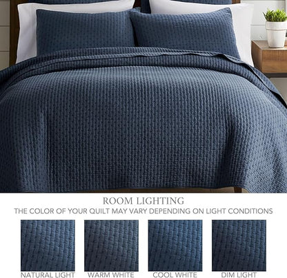 Levtex Home Cross Stitch Reversible Twin Bedspread Set (84x104in) with 1 Pillow Sham (26x20in) - Stitch Texture - Navy - Cotton Twin Size Bedspread Set - Lightweight, Soft, Pre-Washed