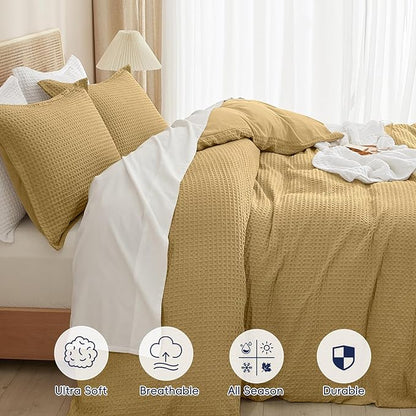 PHF Waffle Weave Duvet Cover Set Queen Size, No Snagging Ultra Soft Luxury Textured Breathable Comforter Cover for All Season 3pcs, Durable Bedding Duvet Set with 2 Pillow Shams, 90"x90", Antelope