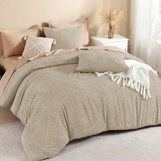 Litanika California King Comforter Set Wheat, 3 Pieces Tufted Boho Farmhouse Bedding Comforter Sets, Lightweight Fluffy Comforter Bed Set All Season (104x96In Comforter & 2 Pillowcases)