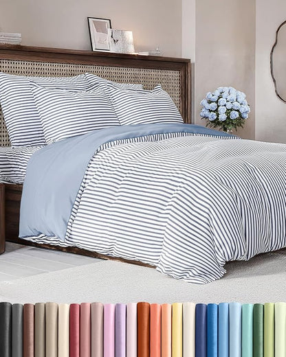 Duvet Cover Queen Size Set - Extra Soft Queen Duvet Cover 90" x 90" with 2 Pillow Shams - Hotel Luxury, Easy Care & Fade Free with Zipper Closures & Ties - Comfy, Cozy and Breathable (Blue Stripes)